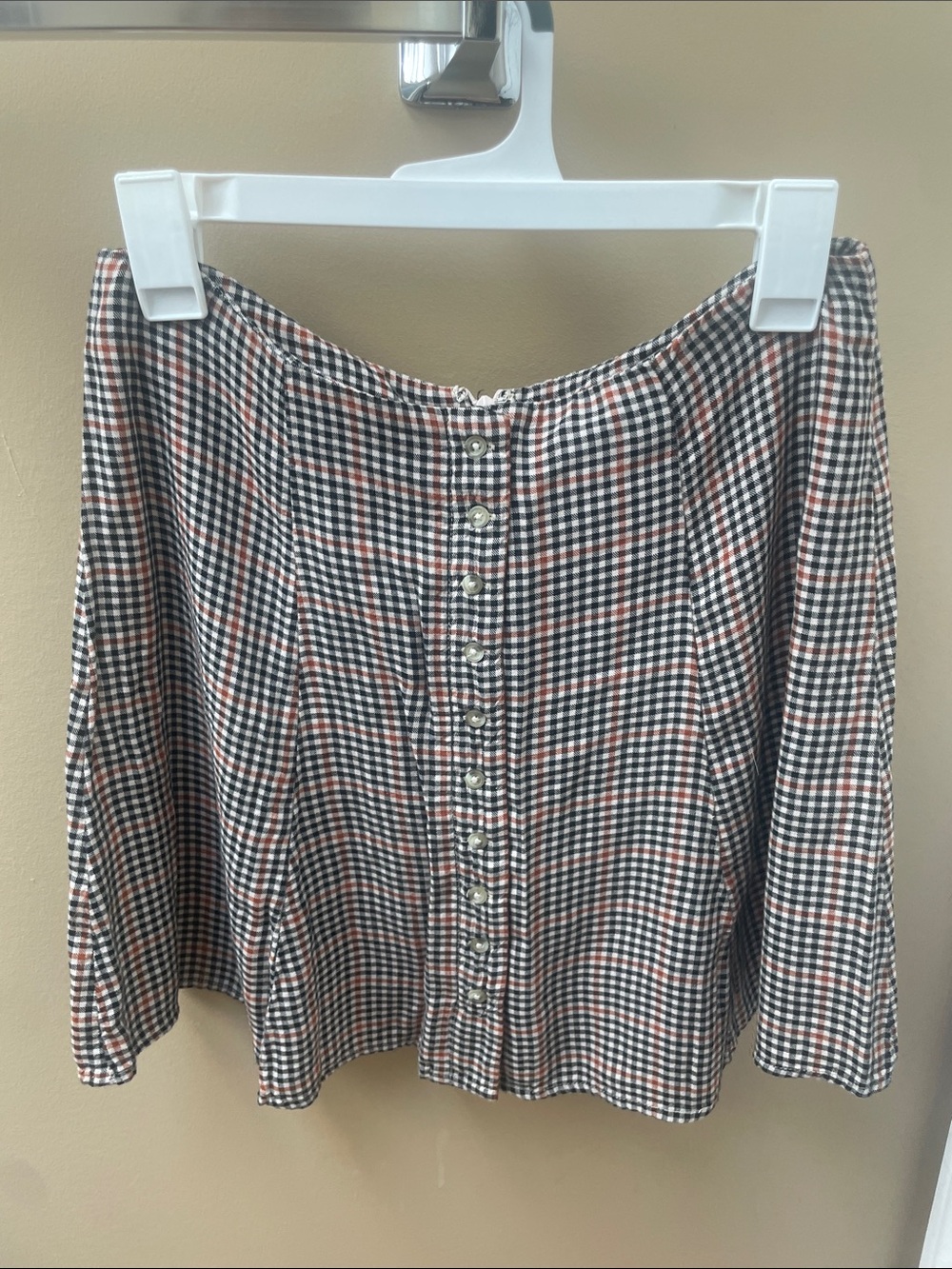 American Eagle Outfitters Black White and Rust Plaid Button-Front Mini Skirt